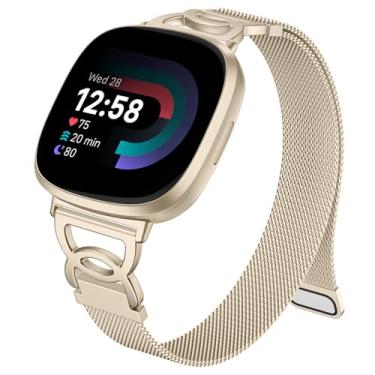 Imagem de Ouwegaga Pulseira magnética em forma de CC compatível com Fitbit Sense 2/Sense/Versa 3/Versa 4 para mulheres, pulseira de aço inoxidável macia e fina de malha milanesa compatível com smartwatch Fitbit