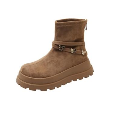 Imagem de Botas curtas de inverno femininas bico redondo zíper traseiro fundo grosso, Caqui, 36
