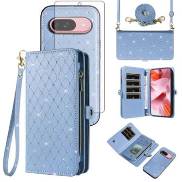 Imagem de Capa de celular para Google Pixel 9/9 Pro 5G com zíper carteira destacável com protetor de tela de vidro temperado alça transversal com glitter flip porta-cartões slot Pixel9 9Pro Nove mulheres
