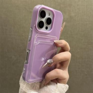 Imagem de Capa para celular com porta-cartões para iPhone 16, 15, 14, 13, 12 Pro Max e 11, na cor Candy Color. Capa protetora transparente e macia, estilo carteira, resistente a impactos, na cor roxa, para iPh
