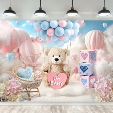 Imagem de Riyidecor Urso pano de fundo para chá de bebê fofo Oh Baby Pink Floral Baby Berço balão de ar quente nuvem 18 cm L x 13 cm de altura tecido de poliéster para fotografia infantil fundo de flores