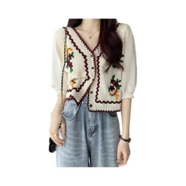 Imagem de Blusa Feminina de Crochê Floral - Manga Chiffon, Botão Frontal, Estilo