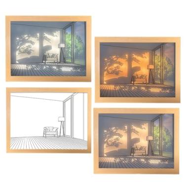Imagem de Lâmpada de Pintura Arte Moldura Quadro Sombra com Luz LED Decoração Parede Luminosa Botão Regulagem Madeira e Acrílico Alimentação USB para Sala Estar