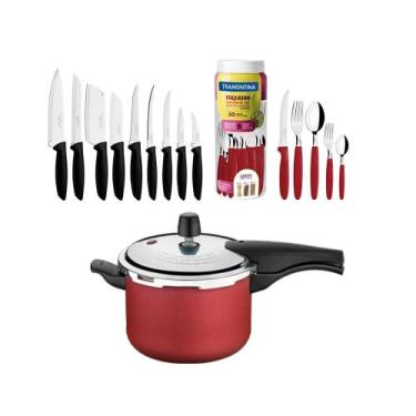 Imagem de KIT - Panela de Pressão 4,5 Vermelha + 1 Faqueiro Vermelho 30pç + 1 Co