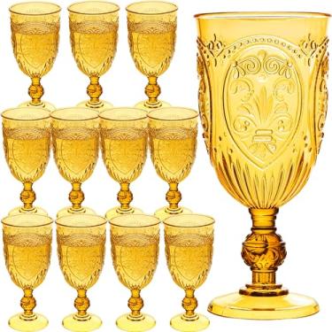 Imagem de Taças de vinho de plástico, 12 peças, taças de plástico, 212,6 g, colorido, retrô, em relevo, copos de coquetel vintage com haste para beber taças de água para casamento, suprimentos de festa para