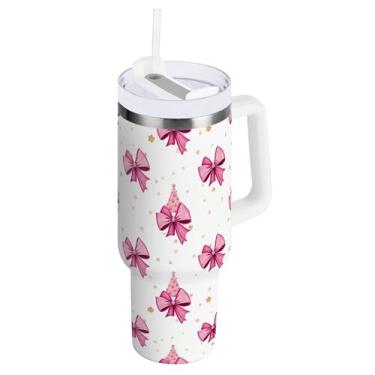 Imagem de SEHANY Copo fofo com laço rosa de 1,134 g com alça, copo isolado de aço inoxidável a vácuo de parede dupla, à prova de vazamento, caneca de café isolada para viagem cabe no suporte de copo de carro