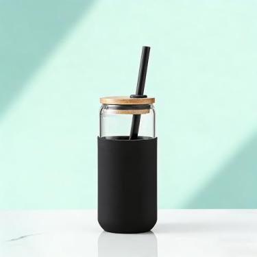 Imagem de Copos de vidro com tampas e canudos, copos de 500 ml para acessórios de café bar, xícaras de café geladas com tampas, copo de vidro Matcha reutilizável para presentes