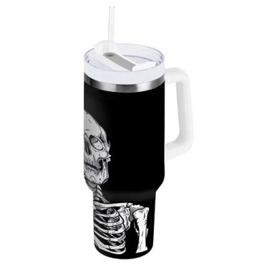 Imagem de SEHANY Copo Skull Gothic de 850 g com alça, copo isolado de aço inoxidável a vácuo de parede dupla, à prova de vazamento, copo de viagem isolado cabe no suporte de copo de carro