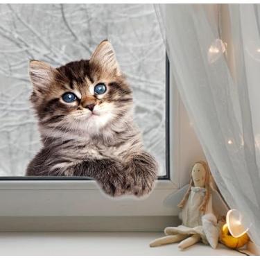Imagem de Adesivo de janela de vidro colorido de gatinho de olhos azuis de 29 x 29 cm - Decalque de PVC impermeável resistente a UV, presente adorável para entusiastas de gatos e decoração de casa