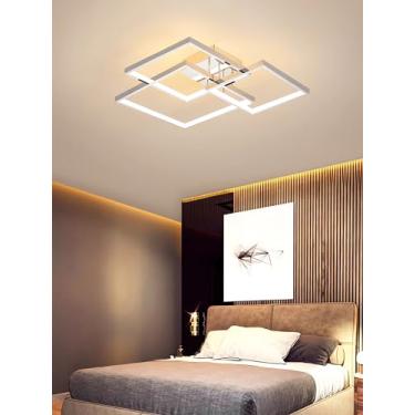 Imagem de Luminária de teto LED moderna para sala de estar, 87W, design quadrado cromado, dimerizável, com controle remoto, lustre de acrílico para sala de jantar, quarto e cozinha (cromado, 3 lâmpada