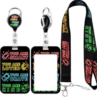 Imagem de Cordão para cartão de identificação neon e estojo de crachá de jogo com cordão retrátil mosquetão resistente chaveiro suporte de identificação vertical para crianças, escola, estudantes, funcionários