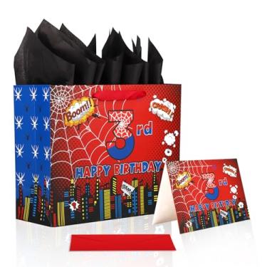 Imagem de Saco Presente para 3 Aniversário Aranha, Saco Guloseimas Temático Aranha Desenho Animado com Papel Embrulho Cartão Cumprimentos e Envelope para Decoração Festa Halloween Infantil