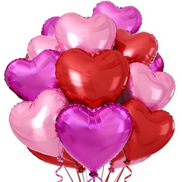Imagem de 15 balões de coração rosa choque vermelho 45,7 cm balão de alumínio de Mylar para aniversário, dia dos namorados, casamento, chá de bebê, decorações de festa (vermelho, rosa, rosa choque)