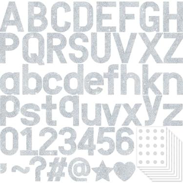 Imagem de Vuzvuv 295 peças de letras e números de quadro de avisos com glitter, decoração de sala de aula de 10 cm com pontos adesivos, recortes do alfabeto para exibição escolar (prata)