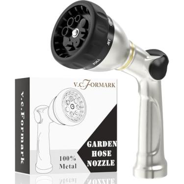Imagem de V.C Formark Bocal de mangueira de jardim de metal resistente, controle de polegar 8 padrões de pulverização, bocal de água antivazamento de alta pressão para irrigação de plantas de gramado, lavagem