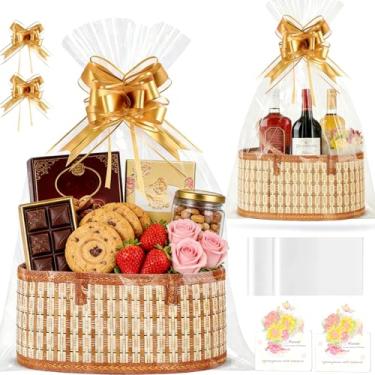 Imagem de 2 cestas de presentes vazias para encher para o Natal, Dia das Mães, festa de aniversário, batismos, Dia de Ação de Graças, Ano Novo, conjunto de cesta de presente dobrável de bambu com alça, kit de