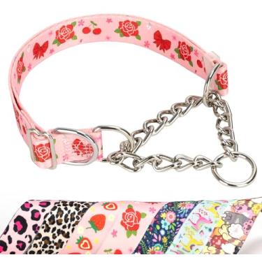 Imagem de Coleira para cães Martingale com corrente - Coleira ajustável com estampa de flor rosa, design macio e durável para cães médios, grandes e GG (GG, rosa flor)