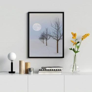 Imagem de Quadro Paisagem Neve Árvores Lua 45X34Cm Moldura Branca