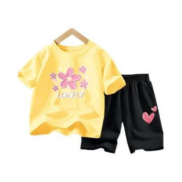 Imagem de Conjunto De Roupas De Verão Para Meninas Camiseta Com Flores E Shorts 