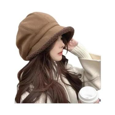 Imagem de Chapéu De Pescador Feminino De Inverno Em Veludo Grosso Com Aba Larga 