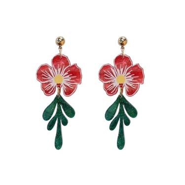 Imagem de Brincos femininos com pingente de folha verde floral vermelha, acrílico, leve, longo, flor, berloques, declarações, pingente de gota, boêmio, tema de férias, acessórios para vestido de festa, joias