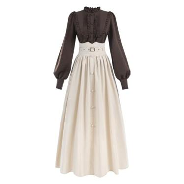 Imagem de NSPSTT Vestidos vitorianos vestido eduardiano para mulheres, manga comprida, blusa vitoriana, vestido maxi marrom, tamanho GG