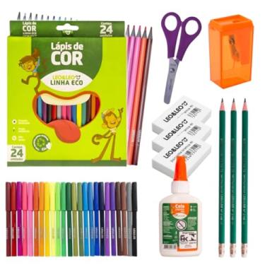 Imagem de Kit Material Escolar Lápis de Cor 24 Cores Apontador Lápis Borracha Tesoura Cola