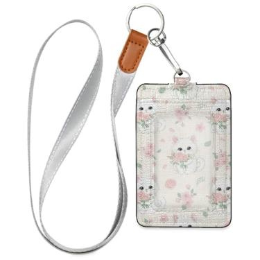 Imagem de Burbuja Porta-crachá de couro com cordão, etiqueta de identificação de flor de gato branco com 1 janela transparente para identidade e 2 compartimentos para cartão para escritório, enfermeira