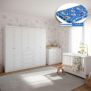 Imagem de Quarto Infantil Mississipi 6 Portas Ambiente Com Berço Tutto New Branco Fosco E Colchão Ortobom - Henn