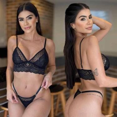 Imagem de Conjunto Lingerie Sem Bojo Sensual Calcinha fio Dental Tule Rendada Se
