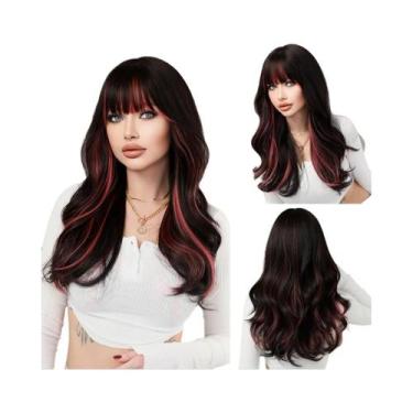 Imagem de Peruca Sintética Longa Ondulada Ombre Preto a Vermelho Para Mulheres C