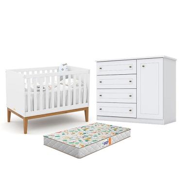 Imagem de Berço Americano Unique Branco Soft Eco Wood - Matic E Cômoda Infantil Americano Branco Hp E Colchão Gazin - Henn