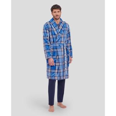 Imagem de Roupão Feminino Longo Xadrez Felpudo Azul Lohe, Azul, G
