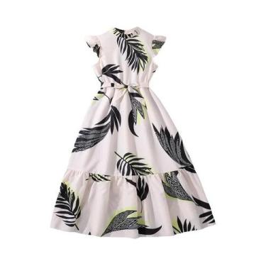 Imagem de Vestido Maxi Branco Estampado Sem Mangas Com Cinto Para Meninas, Estil