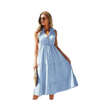 Imagem de Vestido Feminino Sem Mangas Listrado Com Decote Em V, Estilo A-Line, C