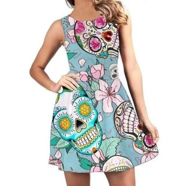 Imagem de Vestido Godê Feminino Rodado Caveira Caveira Mexicana Skull Pin Up Lu1