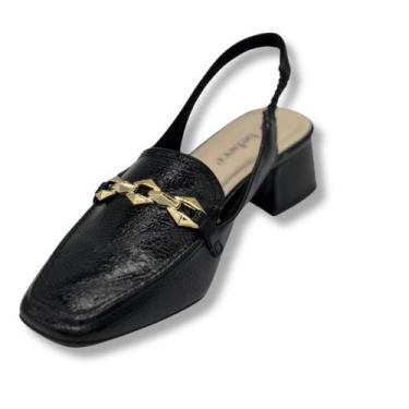 Imagem de Sapato feminino salto baixo bloco detalhe em dourado - BEBECE, Preto, 