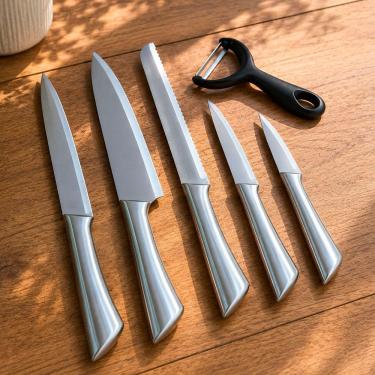 Imagem de Conjunto de Facas Profissional em Aço Inox com Descascador 6 Peças para Cozinha Prata