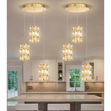 Imagem de 3 luzes pendentes de cristal modernas para ilha de cozinha LED regulável glamourosa lustre de iluminação pendente para sala de jantar corredor lâmpada de canto dourada