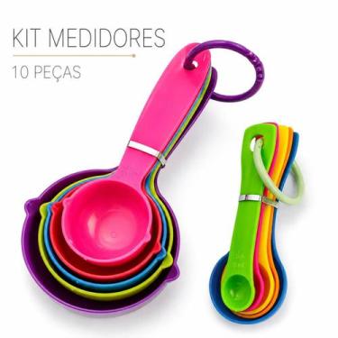 Imagem de Kit 10 Peças Copos e Colheres Medidoras Coloridas para Cozinha Confeit