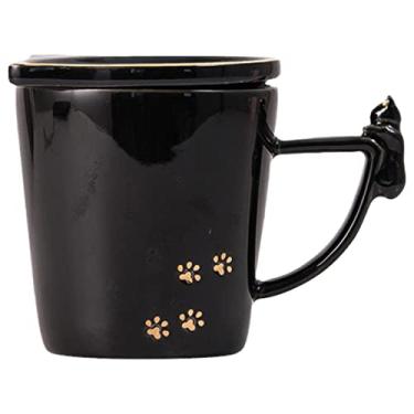 Imagem de Caneca de gato com tampa colher 3D linda xícara de chá de café cerâmica conjunto de caneca presente de aniversário para mulheres amantes de amigos (gato preto, 300 ml)