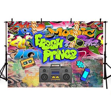 Imagem de MEHOFOTO Decorações de festa para chá de bebê O Príncipe Fresco Banner Fundo de estúdio de fotos Graffiti Parede de tijolos Hip Hop Vintage Disco Neon Menino Cenários de aniversário Adereços para fotografia 2 x 1,5 m