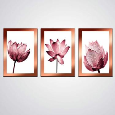 Imagem de Quadros Abstrato Flores Rosas Kit Com 3 Mdf