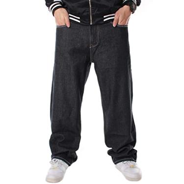 Imagem de Calça jeans masculina hip hop plus size dança de rua tamanhos grandes calça jeans masculina clássica solta calça jeans preta calça larga perna, Preto, 42