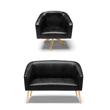 Imagem de Kit 1 Namoradeira Pés Palito E Poltrona Preto Base Madeira