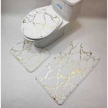 Imagem de SHENGANG Conjunto de 1/3 peças tapete de flanela impressão listrado antiderrapante tapete higiênico banheiro absorvente sala de estar quarto tapete de pés, conjunto branco 3 peças