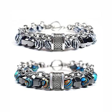 Imagem de Pulseiras de contas pulseira de malaquita contas de metal hip hop pedra biliar pulseira de corrente com contas masculinas pulseira elástica 2 peças, Metal, pedra biliar