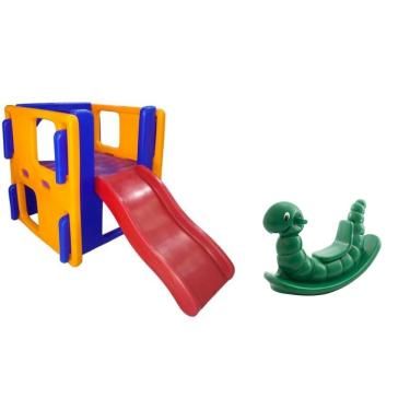 Imagem de Casinha PlayJunior Escorrega + Gangorra Infantil Parquinho Minhoca- Brinquedos Resistentes Para Playground Infantil