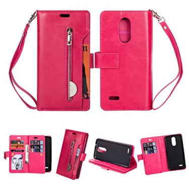 Imagem de Capa para LG K10 2017, carteira de couro PU Folio Flip Case com zíper bolsos para cartão fecho magnético capa protetora à prova de choque com alça de pulso para LG K10 2017 (rosa vermelha)