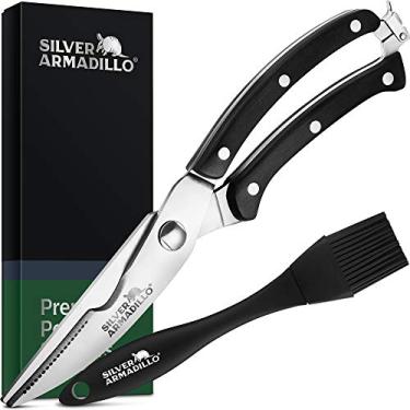 Imagem de Tesoura de aves de aço inoxidável resistente para osso, frango, carne, peixe, frutos do mar, legumes. Tesoura de alimentos com mola premium. Tesouras de cozinha de peça única (alças de madeira pretas)